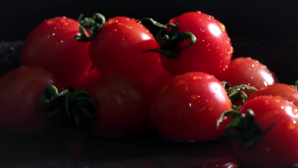 Colheita Madura Gotas Água Cair Tomates Frescos Fundo Preto Close — Vídeo de Stock