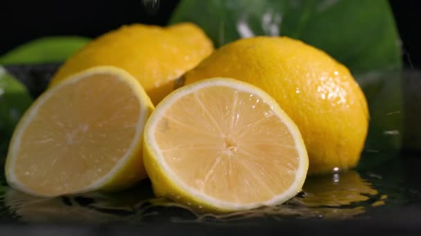 Owoce Cytrusowe Dojrzała Soczysta Cytryna Leży Talerzu Wodą Ciemnym Tle — Wideo stockowe