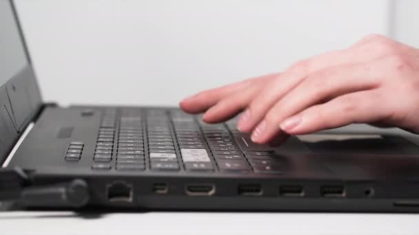 若い女性はキーボードの女性の手のタイプのテキストを背景に — ストック動画