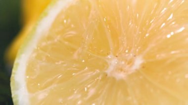 Meyve, bir damla su ya da meyve suyu olgun sulu bir limon diliminden aşağı akar. Yakın plan.