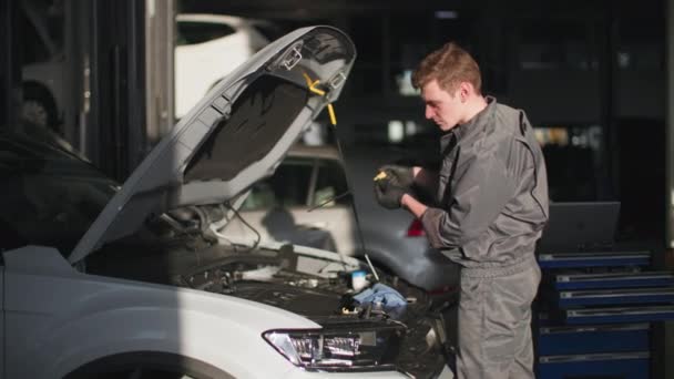 Car Service Young Man Uniform Checks Oil Level Engine Car — Stock Video