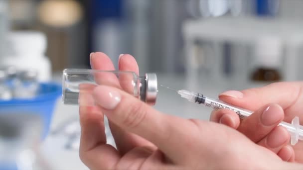 Treatment Disease Young Woman Draws Medicine Syringe Close — Stock Video