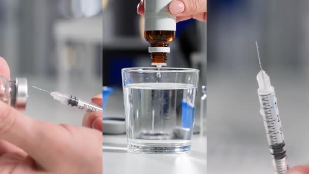 Concepto Medicina Mano Mujer Gotea Medicamento Vaso Agua Lleva Jeringa — Vídeos de Stock