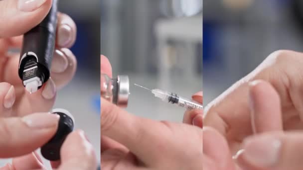 Betegség Kezelése Egy Fiatal Kezeli Cukorbetegséget Glucométert Használ Inzulint Fecskendőbe — Stock videók