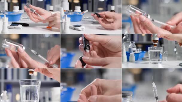 病気の治療で若い女性が血糖値をチェックし注射器に注射薬を引き — ストック動画