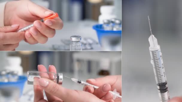Vaccination Womans Hand Syringe Draws Medicine Injection Collage Close — Stock Video