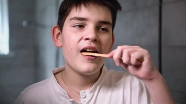 Diş Fırçasıyla Diş Fırçalayan Genç Erkek Portresi Banyodaki Aynaya Bakıyor — Stok video