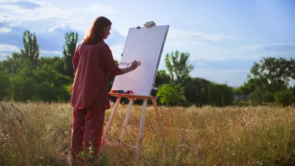 ブラシとアクリルペイントを使用した若い創造的な女性は フィールドのイーゼルを使用してキャンバスに絵を描きます — ストック動画