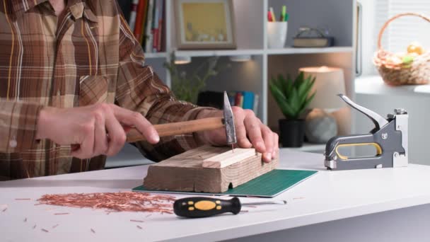 Carpinteiro Homem Com Machado Suas Mãos Martelos Pregos Tábuas Madeira — Vídeo de Stock