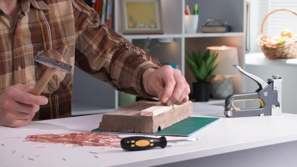 Carpinteiro Masculino Usando Martelos Pregos Cobre Martelo Tronco Madeira Casa — Vídeo de Stock