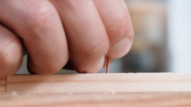 Ev tadilatı, bir adam çekiçle tahtaya çivi çakıyor, yakın plan.