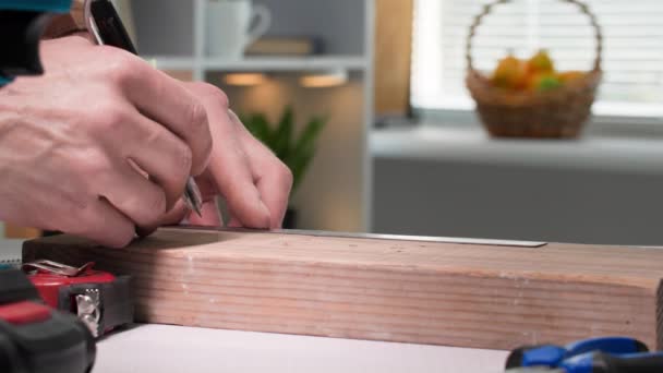 Homework Male Furniture Assembler Screwing Metal Corner Wooden Board Table — Stock Video