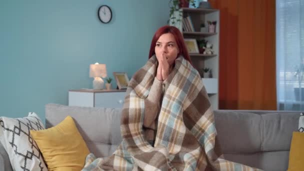 따뜻한 담요에 소파에 집에서 난방의 유틸리티에 부채로 따뜻한 하려고 — 비디오