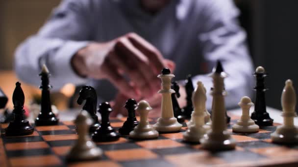 Strategy Planning Man Rearranges Chess Pieces Chessboard Close — Stock Video