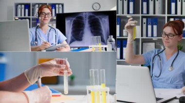 Hastaları internetten kabul eden, gözlüklü genç bayan doktor bir hastayla kulaklıkla konuşuyor ve tıbbi muayene ve kolaj sonuçları gösteriyor.