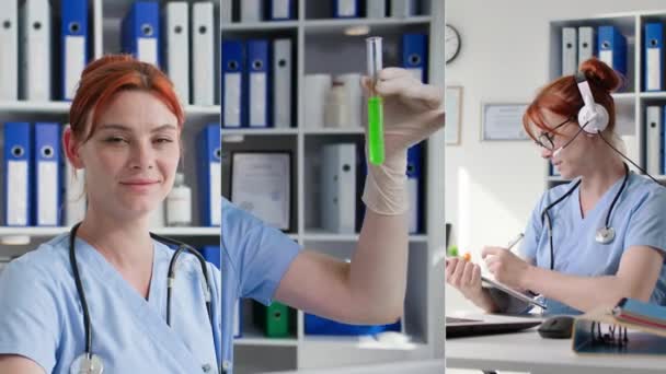 Colagem Médica Jovem Enfermeira Óculos Falando Através Fone Ouvido Com — Vídeo de Stock
