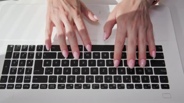Молодая Женщина Работающая Компьютером Печатающая Клавиатуре Сидя Столом Крупным Планом — стоковое видео