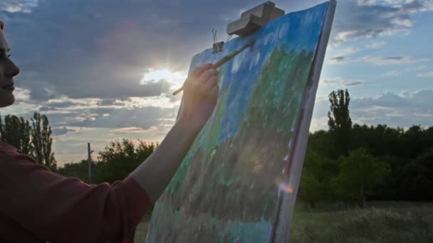お気に入りの趣味 才能ある女性アーティストは 太陽と空を設定し 公園の背景にブラシを塗ってキャンバス上の絵を描きます クローズアップ — ストック動画