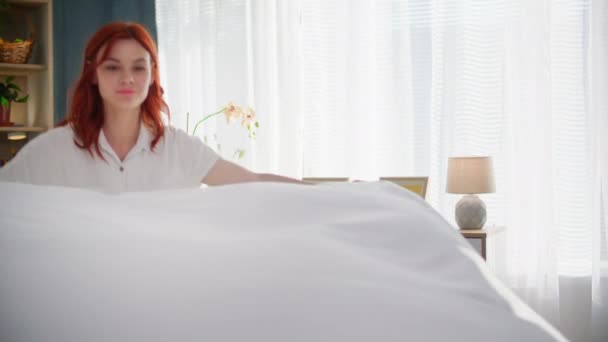 Household Chores Beautiful Housewife Puts Things Order Room Makes Bed — Stock Video