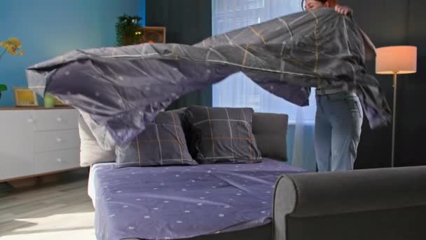 Homework Young Woman Tucking Sofa Sleep Room — Stock Video