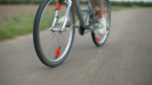 Jovem Ciclista Feminino Pedais Bicicleta Enquanto Montando Uma Estrada Campo — Vídeo de Stock
