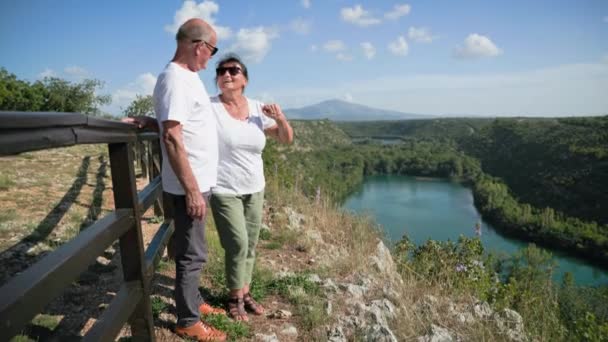 Life Retirement Happy Elderly Married Couple Enjoying Views Together While — Stock Video