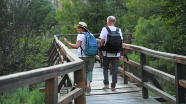 Yaşlı turistler, mutlu erkek ve kadın emekliler şehir dışında güneşli bir günde, nehir boyunca yol alırken el ele tutuşuyorlar.