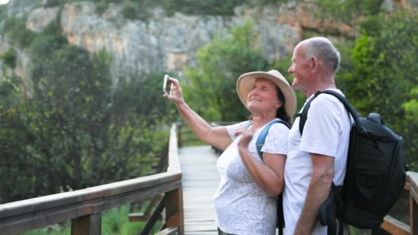 Joyful Elderly Couple Take Selfie Using Smartphone While Standing Bridge — Stock Video