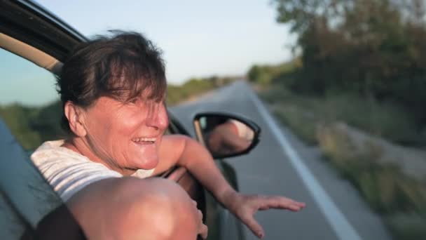 定年休暇 楽しい年配の女性観光客が車窓からの景色を眺めながら道路を走る — ストック動画