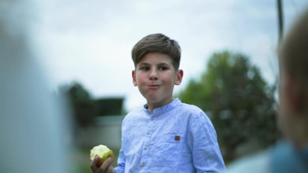 适当的营养 有食欲的英俊男婴在城外散步时吃一个健康可口的苹果 — 图库视频影像