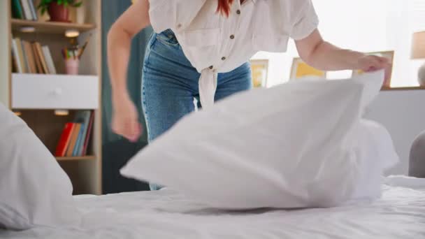 Homework Happy Young Housewife Making Bed Clean White Sheet Sleeping — Stock Video