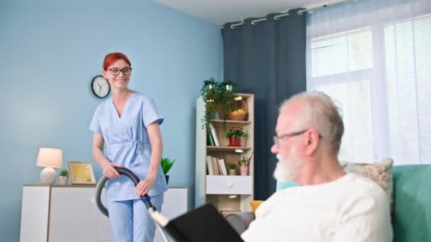 Caring Old People Young Social Service Worker Medical Uniform Helps Stock Footage