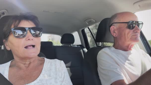 Active Female Male Pensioners Having Fun While Traveling Car Way — Stock Video