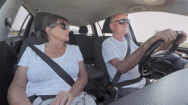 Utazás Nyaralás Jóképű Idős Férfi Csatolva Biztonsági Lovagolnak Autóban Úton — Stock videók
