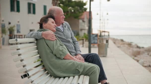 年金受給者の休暇中に海岸近くのベンチに座っている幸せな老婦人と男 — ストック動画