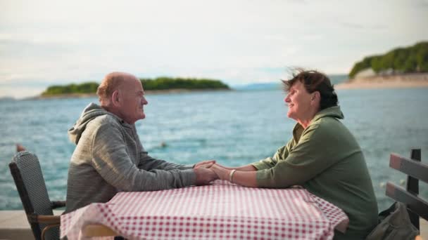 退職後のロマンス 幸せな高齢の配偶者は暖かい日に海による共同休暇中にテーブルに座っている間 お互いに手を握ります — ストック動画