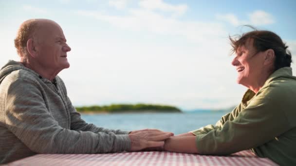 ロマンチックなデートで一緒に楽しんでいる高齢の結婚したカップルは 海岸のテーブルに座っている間 お互いに手を保持し 話しています — ストック動画