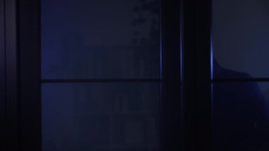 İzinsiz giriş, kar maskeli erkek hırsız el feneriyle mülke girer ve değerli eşyalar arar.