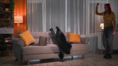 Akşam, yorgun ve mutlu genç bir kadın kanepeye bir ceket ve bir çanta atar ve sonra kanepeye atlar ve sıcak, loş bir ışıkla dairesinde dinlenir. 