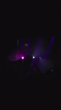 Müzikle dalgalanan hayranların karanlık silueti. Hayranlardan biri bayrak sallıyor. Mavi, eflatun ve beyaz arka plan gösterisi, hayranların en sevdiği rock grubu sahnede