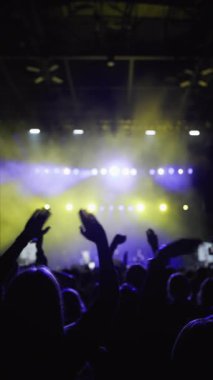 Müzikle dalgalanan hayranların karanlık silueti. Ön planda iki kadın ellerini çırpıyor, el sallıyor ve parmaklarını arka plandaki sahne ışıklarına vuruyor. Mavi ve