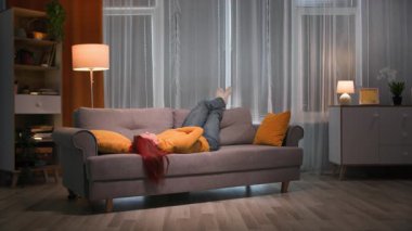 Akşamları, kanepede uzanmış gündelik giysiler içindeki mutlu kızıl saçlı kadın. Oturma odasındaki sarı yastığın üzerinde dinleniyor.. 