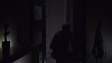 Bir adam karanlık bir odanın girişinde duruyor, feneri açıyor, dizinin üzerine çömeliyor ve el feneriyle odayı keşfediyor, sonra da odaya giriyor. Oda loş bir ışık kaynağı.