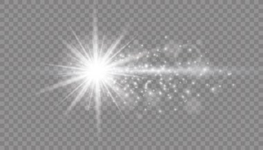 Parlak ışık efekti. Şeffaf arkaplanda parıltılı yıldız patlaması. Güneş. Vektör illüstrasyonu