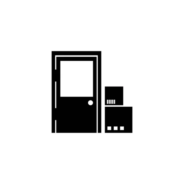 快递送货上门 包裹在家门口 平面矢量图标示例 白色背景上简单的黑色符号 Web和移动用户界面组件的信使箱门传递标志设计模板 — 图库矢量图片