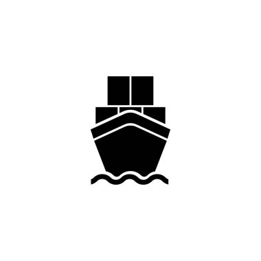 Kutuları olan, deniz ulaşımını, lojistiği ve deniz yoluyla seyahat etmeyi temsil eden stilize edilmiş bir gemi veya gemiyi tasvir eden basit bir siyah beyaz simge. Web sitesi tasarımı, logosu, uygulaması, ui için vektör simgesi