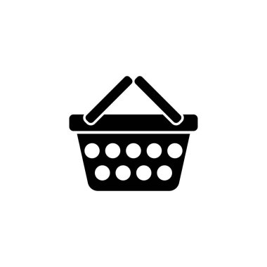 Tarz sahibi bir alışveriş sepeti veya el arabası tasvir eden, perakende, e-ticaret ve tüketici alımını sembolize eden basit bir siyah beyaz grafik simgesi