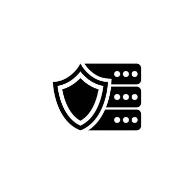 Veri güvenliği ve korunmasını temsil eden, sunucu veya veritabanı sembollü bir kalkan şeklini tasvir eden minimalist, siyah ve beyaz simge