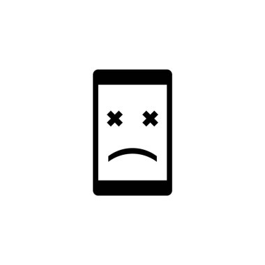 Stresli, hasarlı görünümlü, hayal kırıklığını, arızaları veya dijital cihazlarla ilgili teknik sorunları temsil eden biçimlendirilmiş akıllı telefon siluetini tasvir eden miniminalist bir siyah beyaz simge