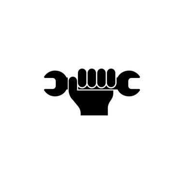 İngiliz anahtarını tutan, ameleliği ya da tamiratı sembolize eden, sıkılmış bir yumruğu tasvir eden siyah beyaz bir simge